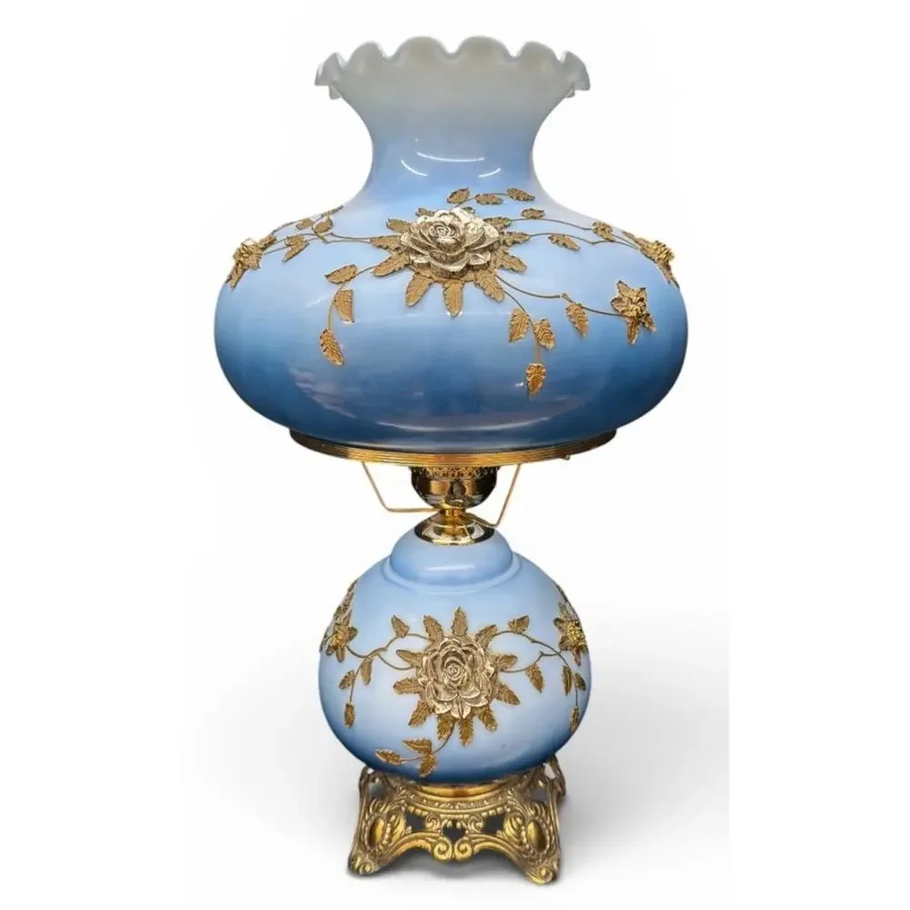Vintage Falkenstein Style Industries Blue Opaline Hurricane Lamp Floral Dual